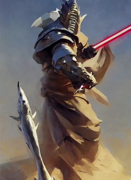 Image similar to greg manchess side portrait of a knight with the head of a shark with a light saber, organic painting, sunny day, matte painting, bold shapes, hard edges, street art, trending on artstation, by huang guangjian, gil elvgren, ruan jia, randy vargas, greg rutkowski