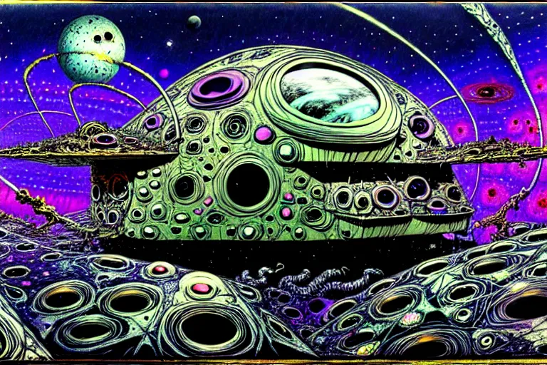 Image similar to ian miller, rotten space station, floating in psychedelic space nebula, highly detailed