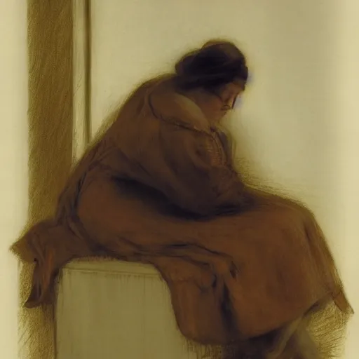 Image similar to vivid by edwin henry landseer. a beautiful conceptual art. her cell is as bare as mine. she is sitting in the middle, hugging her knees, wrapped in a toga - like garment.