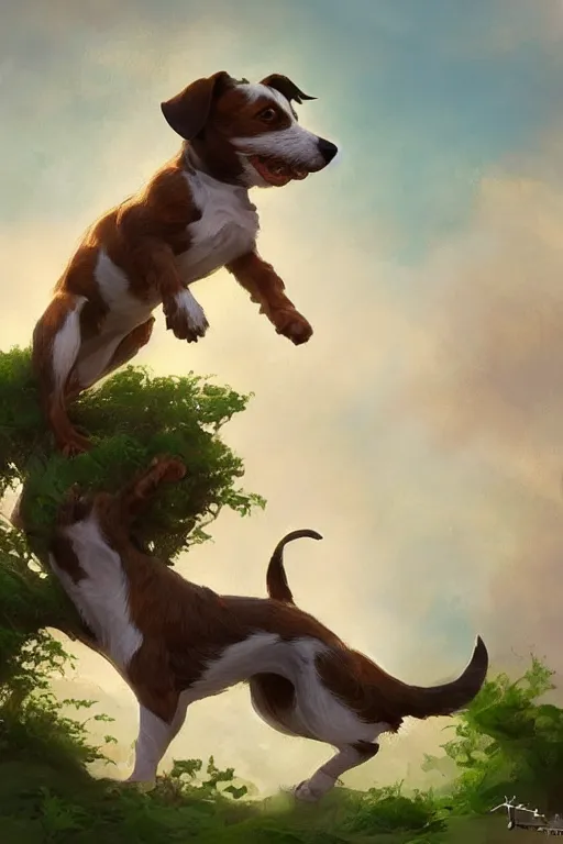 Image similar to adorable jack russel terrier jumping over a small tree, fantasy art, artstation character design contest winner, trending on cgsociety, concept art, speedpaint, beautiful digital art, jesper ejsing, james jean, justin gerard, fenghua zhong, makoto shinkai, highly detailed