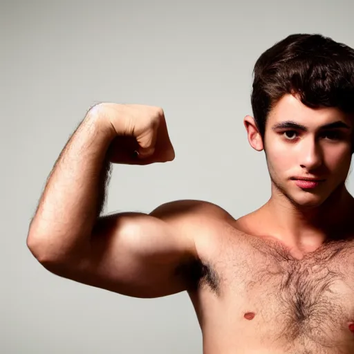 Image similar to high-resolution photograph of a lad showing off his hairy armpits