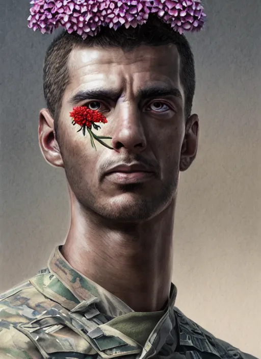 Image similar to handmade character portrait of a serious american soldier man, flowers growing on his face and body, amaratyllis, hydrangea, chrysanthemum, hyacinth, in the style of artgerm and enki bilal and bastien lecouffe - deharme, wlop, line art, watercolor, cinematic lighting, hyperdetailed, hyperrealistic