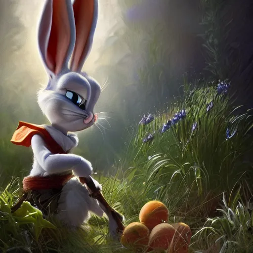 Image similar to cinematic view of bugs bunny from cartoons eating a carrot digital painting, artstation, concept art, soft light, hdri, smooth, sharp focus, illustration, fantasy, intricate, elegant, highly detailed, D&D, matte painting, in the style of Greg Rutkowski and Alphonse Mucha and artemisia, 8k, highly detailed, jurgens, rutkowski, bouguereau, pastoral, rustic, georgic