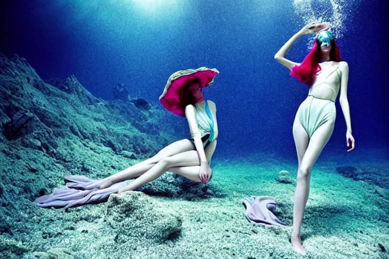 Image similar to fashion editorial photography in an underwater world inspired by jean giraud moebius