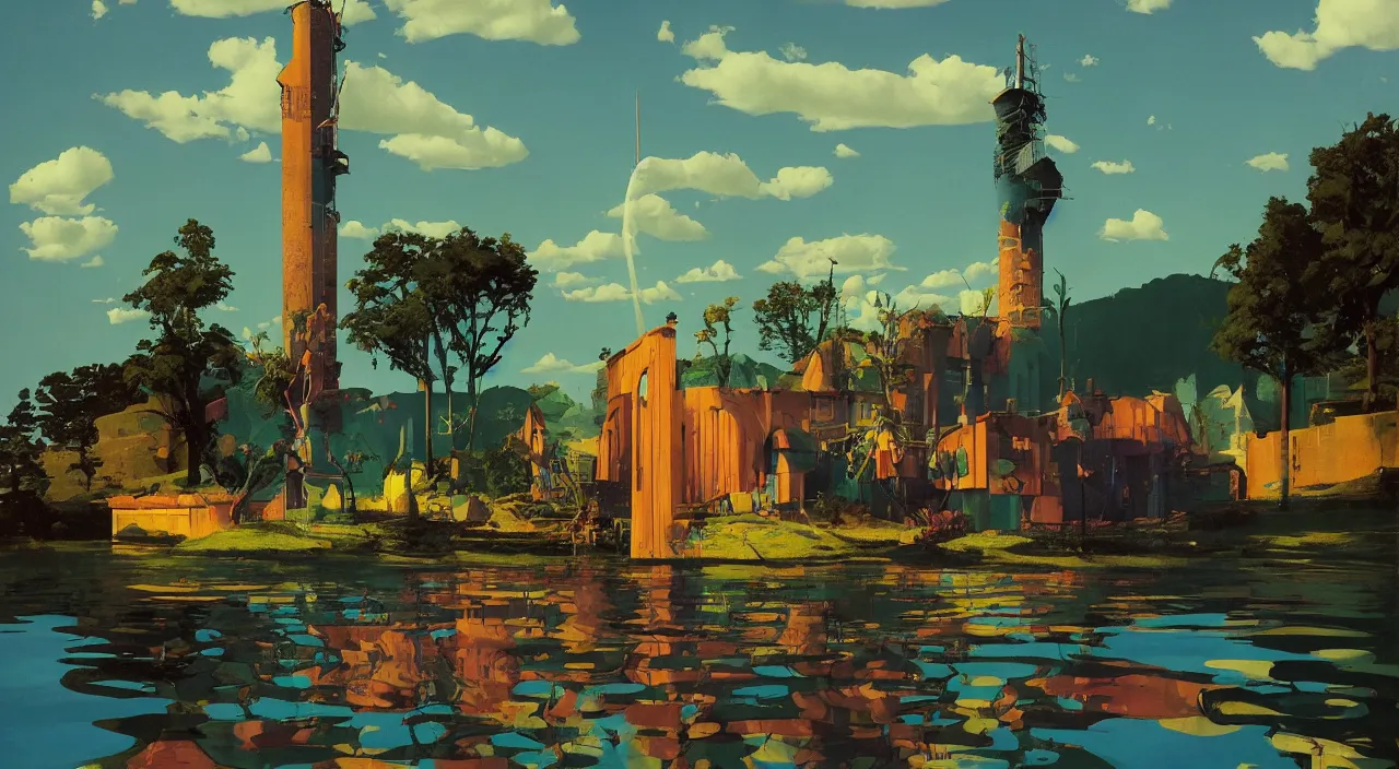 Prompt: flooded colorful surreal lonely single ancient tower, very coherent high contrast!! painting by stalenhag spitzweg magritte syd mead norman rockwell edward hopper james gilleard, dark shadows, sunny day, triadic color scheme, hard lighting, masterpiece