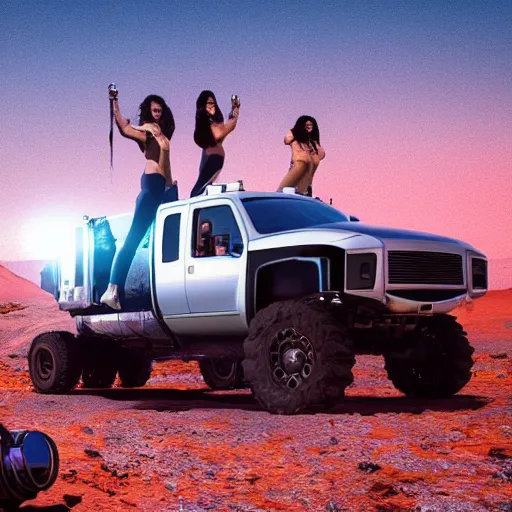 Image similar to 4 k hdr wide angle sony a 7 photo of a stainless steel shiny cybertruck surrounded by a mob of beautiful instagram model women protestors on mars during a blue martian sunset