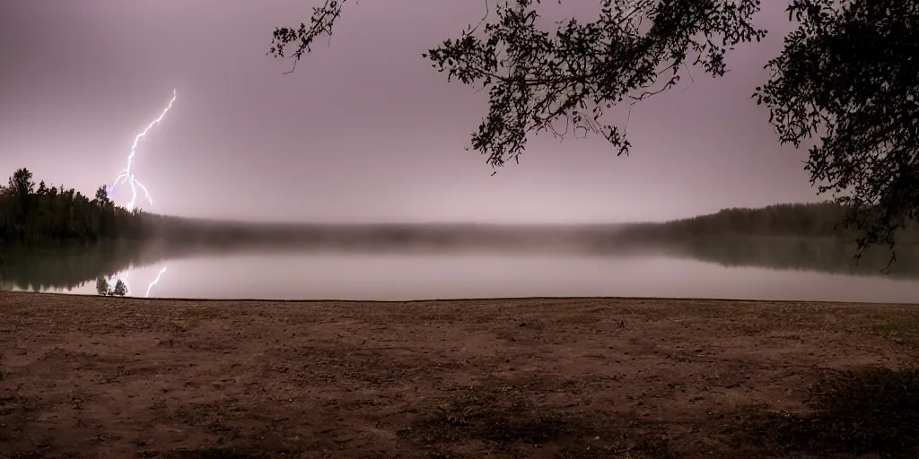 Image similar to empty lake at night, there is fog glazing over the water. it is raining, with lightning strikes.