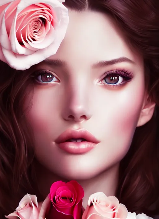 Prompt: a gorgeous female photo, professionally retouched, soft lighting, holding a bouquet of roses, realistic, smooth face, perfect eyes, wide angle, sharp focus on eyes, 8 k high definition, insanely detailed, intricate, elegant, art by artgerm and wlop