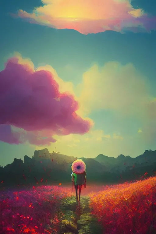 Image similar to giant daisy flower head, walking in the mountains, surreal photography, sunrise, dramatic light, impressionist painting, colorful clouds, digital painting, artstation, simon stalenhag