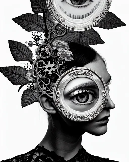 Image similar to masterpiece monochrome profile portrait painting, dutch masters, silver lace floral steampunk biomechanical beautiful one techno eye young female cyborg, big monocular, volumetric light, leaves foliage and stems, hibiscus flowers, by cecile beaton, rim light, big gothic fashion pearl embroidered collar, 8 k