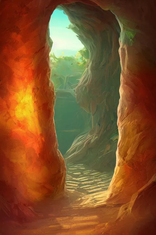 Image similar to digital painting of a doorway in a desert that leads to a secret garden, concept art, artstation, fantasy, fantasy aesthetic, fantasy vibe, colorful, faded effect, artstation, trending, detailed, small details, scenery,