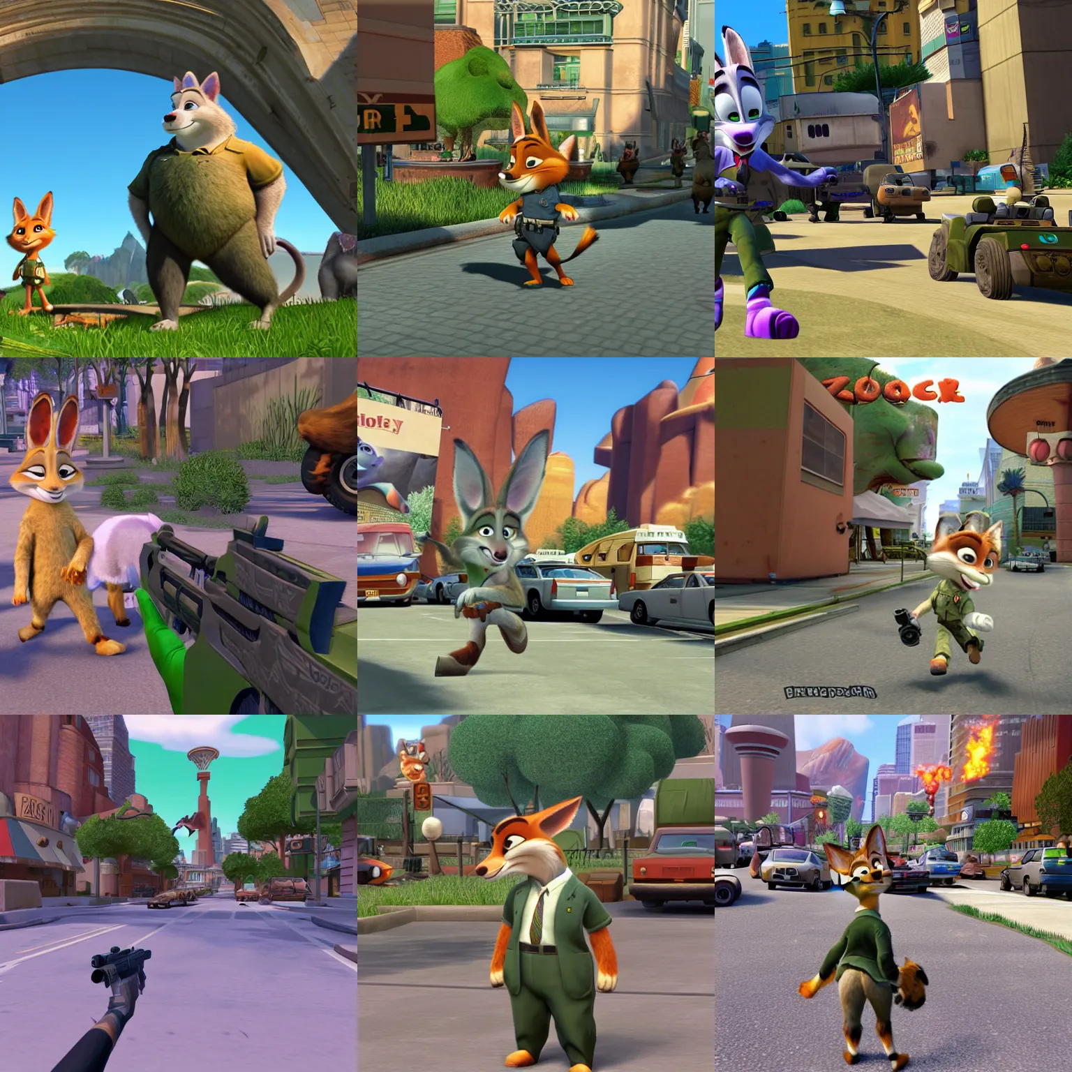 Prompt: Zootopia as a 2002 multiplayer first person shooter for PS2, retro 3D gameplay emulator screenshot, ESRB Mature, first person gun