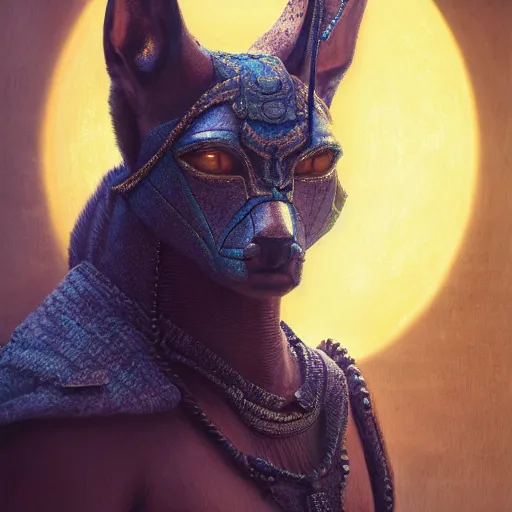 Image similar to portrait of anubis, intricate artwork, concept art, octane render, deviantart, cinematic, key art, hyperrealism, iridescent accents, portrait photograph, nikon 3 5 mm, photograph by greg rutkowski