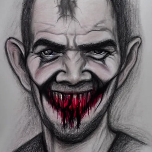 Prompt: a drawing, made with charcoal and blood on a skin parchment by an insane!! person showing an evil grinning billy bob Thornton.