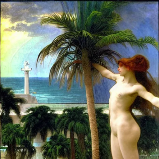 Prompt: Demonic girl at the giant column, thunderstorm, greek pool, beach and palm trees on the background major arcana sky, by paul delaroche, alphonse mucha and arnold böcklin arnold böcklin hyperrealistic 8k, very detailed