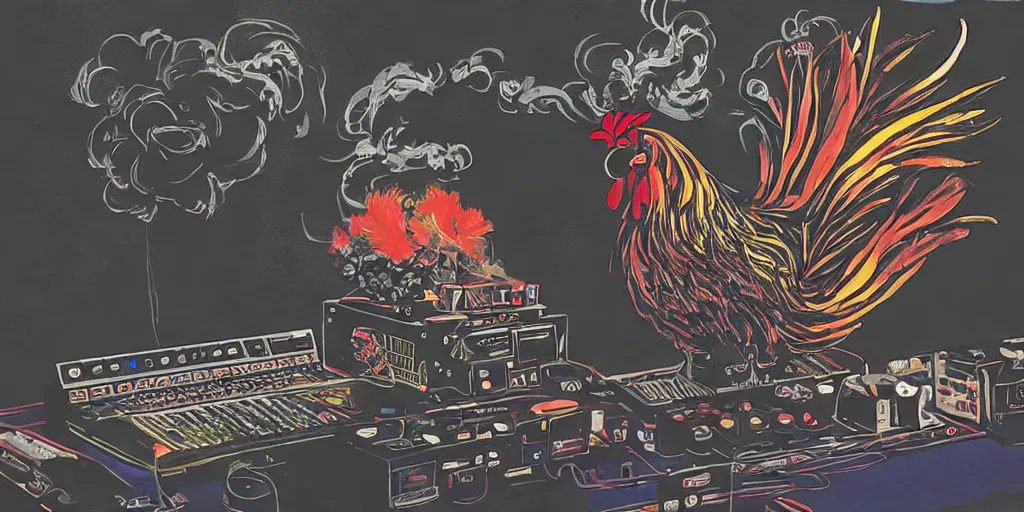 Image similar to 'black rooster'!!! smoking 'cannabis'!!!!!! in front of 'audio console'!!!! and 'pc masterrace RGB custom build'!!!!! 'multi monitors and projectors'!!!! 'in a hi-tech tv broadcasting studio with red camera rig'!!!!, artwork by James Gilleard