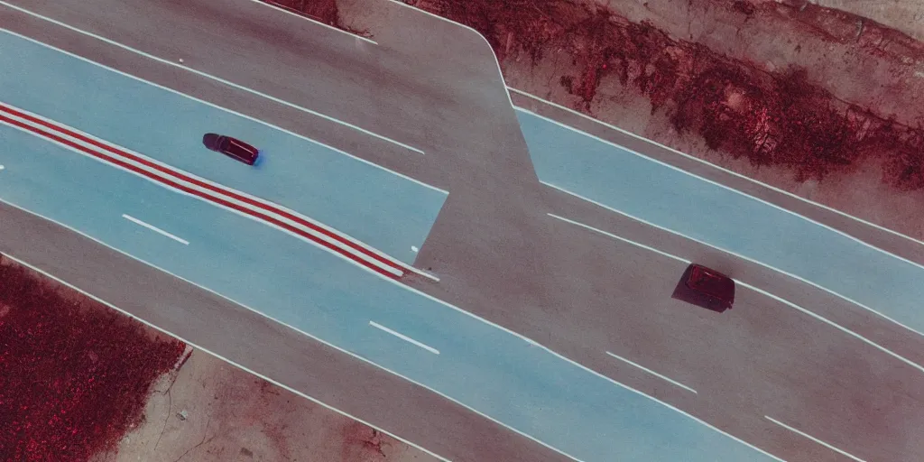 Prompt: analog polaroid photograph of an empty highway overpass seen from above, drone footage, film grain, azure tones, red color bleed