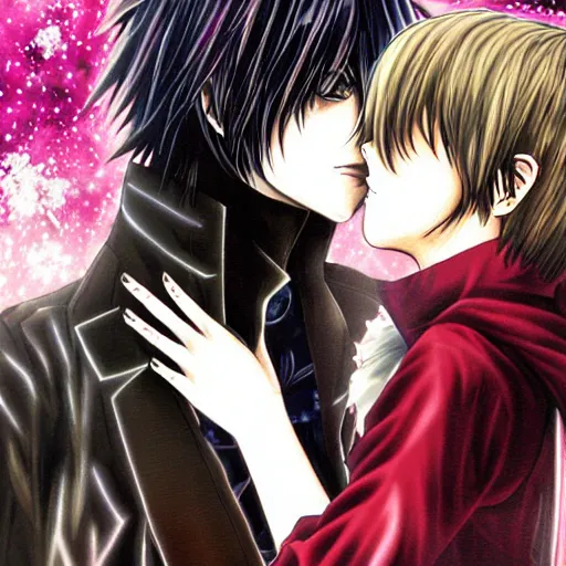 Prompt: L·Lawliet kissing Light Yagami,Official character illustration,Popular on Pixiv,Death Note,fantasy cherry blossom background