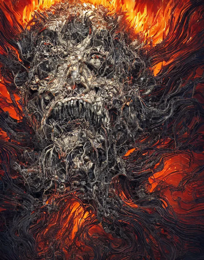 Image similar to portrait of a horrific monster. thousands of teeth. burning water distortions. intricate abstract. intricate artwork. by Tooth Wu, wlop, beeple, dan mumford. octane render, trending on artstation, greg rutkowski very coherent symmetrical artwork. cinematic, hyper realism, high detail, octane render, 8k, depth of field, bokeh. iridescent accents