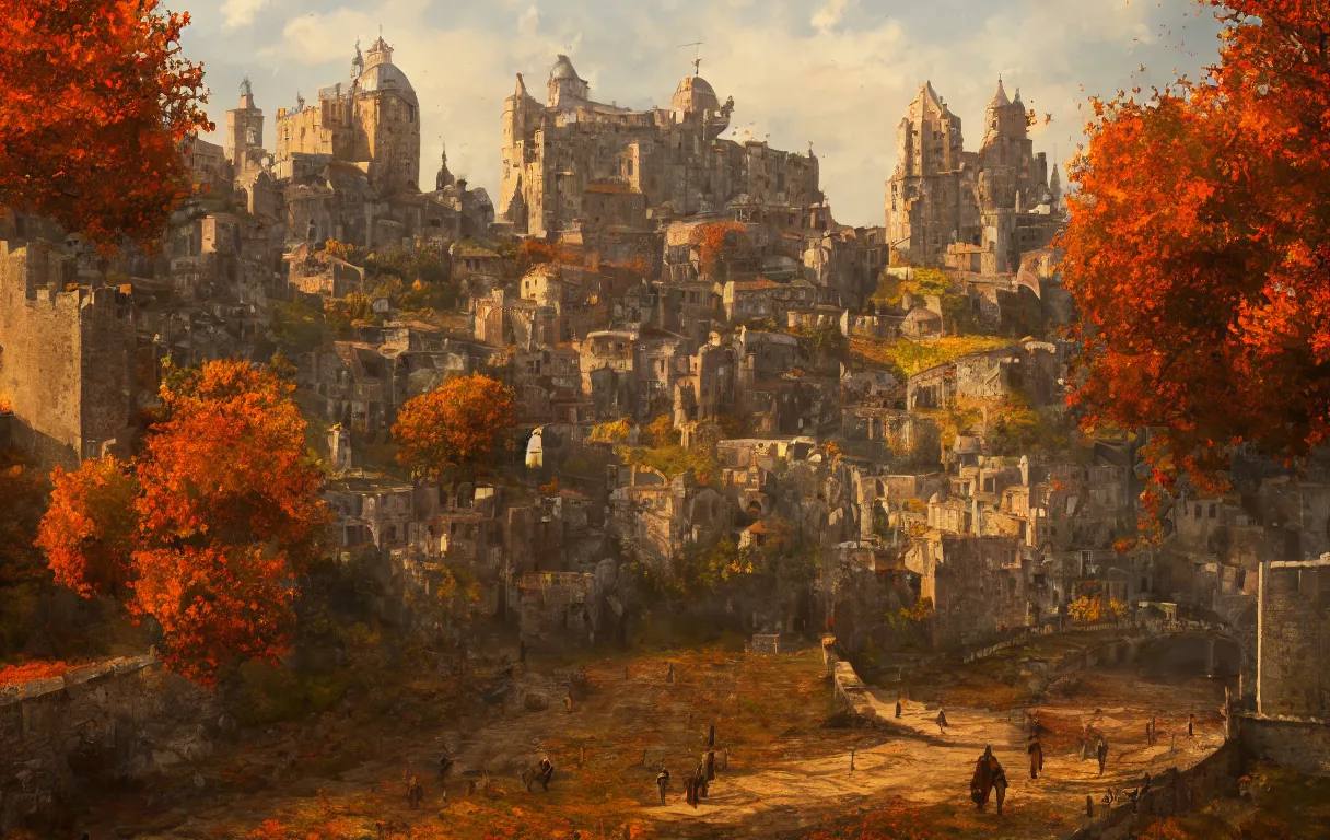 Prompt: high quality concept art from a historical fiction video game set in italy, battlements in autumn, beautiful oil painting, concept art, trending on artstation, 4 k hd, 3 5 mm f / 5. 0