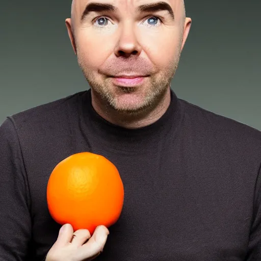 Image similar to karl pilkington with a head as an orange