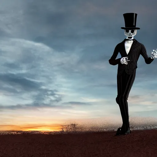 Image similar to Photograph of skeleton wearing a suit and top hat at sunset. cinematic, hyper realism, high detail