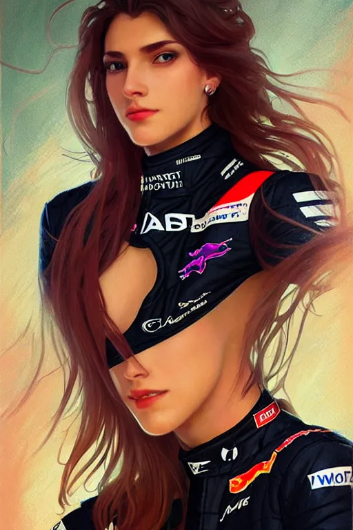 Image similar to portrait beautiful female formula one racer, wearing formula one racer uniform, formula one car as background, ssci-fi, fantasy, intricate, very very beautiful, elegant, human anatomy, neon light, highly detailed, digital painting, artstation, concept art, soft light, smooth, sharp focus, illustration, art by tian zi and WLOP and alphonse mucha