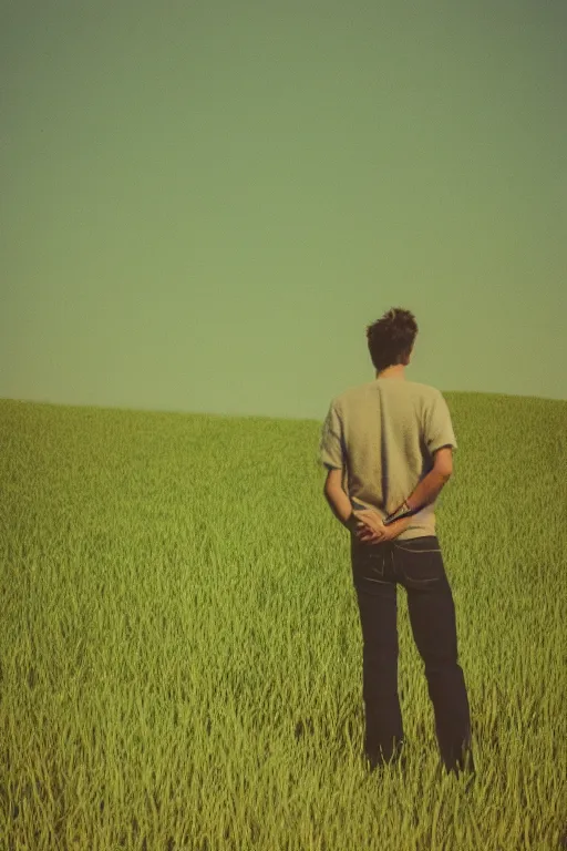 Prompt: kodak ultramax 4 0 0 photograph of a guy standing in a green field, back view, grain, faded effect, vintage aesthetic, cel shading, toon shading