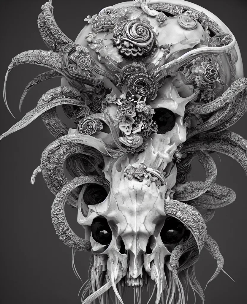 Image similar to goddess princess face close-up portrait ram skull. sculpture made of black stone. jellyfish phoenix head, nautilus, orchid, skull, betta fish, bioluminiscent creatures, intricate artwork by Tooth Wu and wlop and beeple. octane render, trending on artstation, greg rutkowski very coherent symmetrical artwork. cinematic, hyper realism, high detail, octane render, 8k