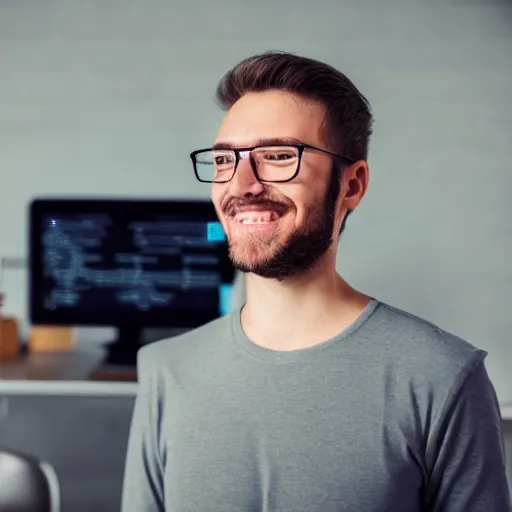 Image similar to a programmer finally fixed a bug in his code after trying for a long time, looking relieved and happy