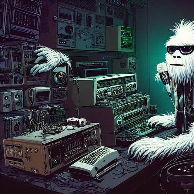 Prompt: a portrait of an anthropomorphic cyberpunk yeti podcasting while working in his secret electronics lab, detailed render, tape deck, microphone, boombox, headphones, epic composition, cybernetics, 4 k realistic, cryengine, realistic shaded lighting, sharp focus, masterpiece, by matteo scalera, gary montalbano, peter elson in the style of the tokyo ghost comic