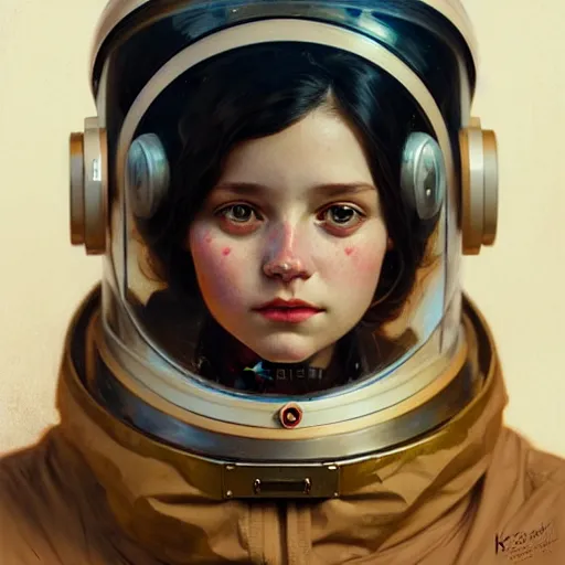 Image similar to A portrait of a girl wearing a vintage sci-fi astronaut helmet and holding a blaster, face, intricate, elegant, highly detailed, digital painting, artstation, concept art, smooth, sharp focus, illustration, art by Krenz Cushart and Artem Demura and alphonse mucha
