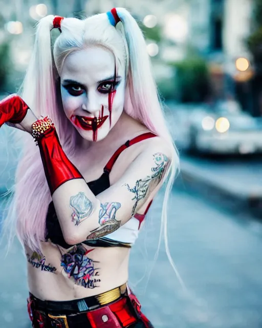 Image similar to 3 5 mm photo of elegant suicide squad harley quinn, long blonde hair and big eyes, finely detailed perfect face, standing on the wet street at sunset, golden hour sunset lighting,