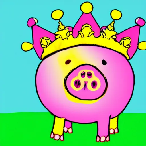 Prompt: illustration pig wearing a simple gold crown in the style of peter max