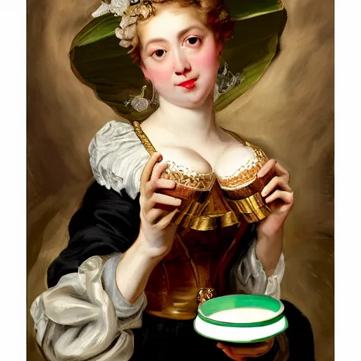 Image similar to heavenly summer sharp land sphere scallop well dressed lady holding a starbucks coffee cup, auslese, by peter paul rubens and eugene delacroix and karol bak, hyperrealism, digital illustration, fauvist, starbucks coffee cup green logo