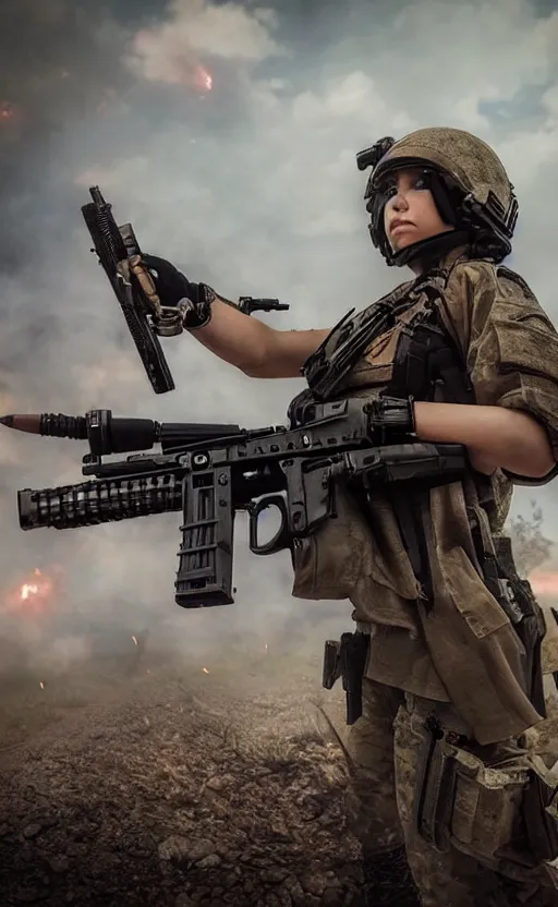 Image similar to an escalating violent firefight, highly detailed, high resolution, cosplay photo, stunning, girls frontline style, bokeh soft, 100mm, trending on instagram, by professional photographer, realistic human anatomy, real human faces, realistic military carrier, modern warfare, realistic weapon, shot with a arriflex 35 ii, low saturation, small human eyes, running pose, maid clothing