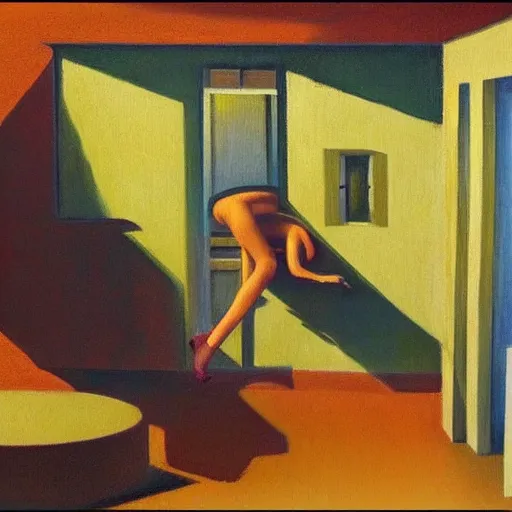 Image similar to motel in a desert rural landscape, a woman, painted by François Roca and Edward Hopper, airbrush, highly detailed