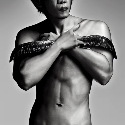 Image similar to a japanese male wearing a iris van herpen crop top, photographed by erwin olaf