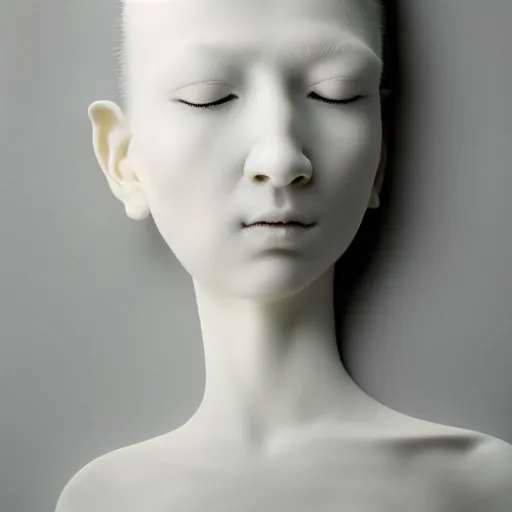 Image similar to full head and shoulders, beautiful female porcelain sculpture by daniel arsham and raoul marks, smooth matte skin, all white features on a white background, delicate facial features, white eyes, white lashes, gold liquid dripping from eyes