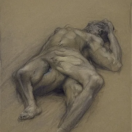 Image similar to drawing sketch of a dying man, by Ilya Repin, charcoal, chalk, russian academic, detailed, spontaneous linework