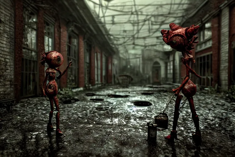 Image similar to Broken ugly toy doll with glowing eyes lying on old courtyard with puddles and an old playground between two soviet five-storey overgrown with ivy panel houses, high details, cinematic, Silent Hill, 8k resolution, beautiful detailed, insanely intricate details, artstation trending, rule of third, octane render, unreal engine