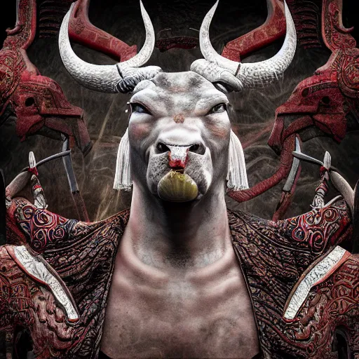 Prompt: The Chinese Zodiac sign of ox warrior, traditional Chinese textures, hyper detail, Unreal engine,Octane render, by Brooke Shaden