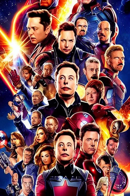 Image similar to a marvel movie poster where all of the faces are of elon musk