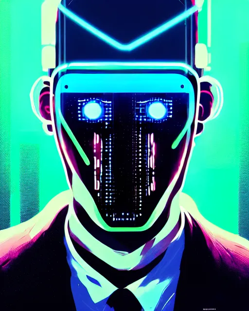 Image similar to cyberpunk synth, hyper - realistic portrait of a man in a suit with detailed neon mask, cyberpunk, intricate, digital painting, by atey ghailan, by greg rutkowski, by greg tocchini, by james gilleard, by joe fenton, by kaethe butcher, dynamic lighting, gradient light blue, lighting color scheme, sharp focus, grunge aesthetic