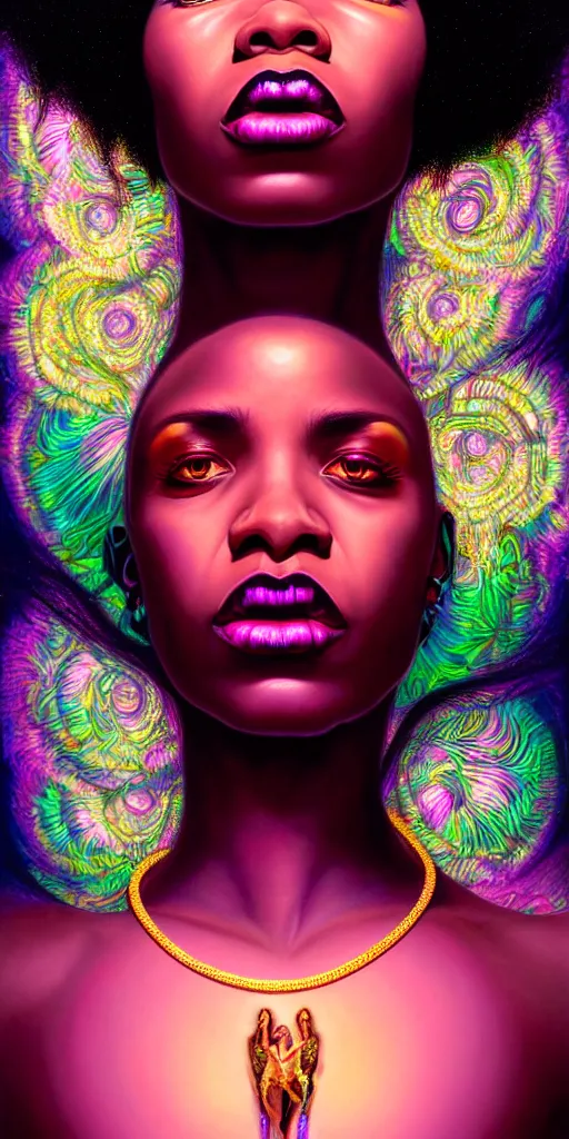 Prompt: hyperrealistic close-up of beautiful black woman with white hair and iridescent gold skin hannah yata dramatic neon lighting