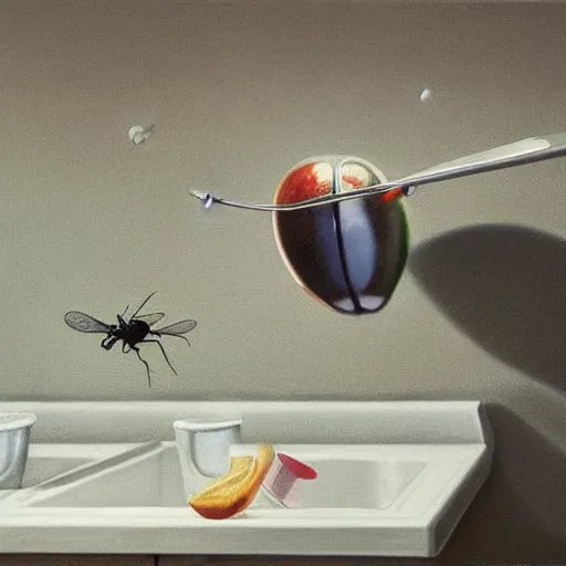 Prompt: Hyperrealism painting of the world from the perspective of a housefly getting chased through the kitchen by an angry human with a fly swatter