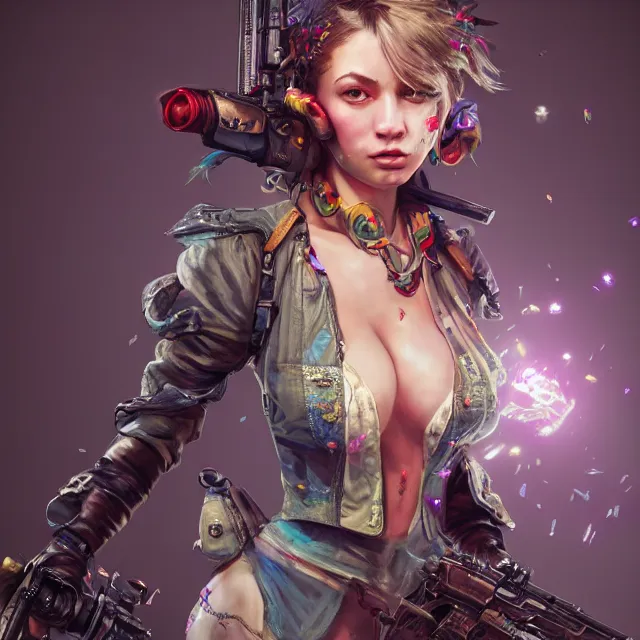 Prompt: the portrait of chaotic neutral colorful female gunner assassin as absurdly beautiful, gorgeous, elegant, playful, realistic young gravure idol, an ultrafine hyperdetailed illustration by irakli nadar, detailed faces, super sharp focus, intricate linework, octopath traveler, unreal engine highly rendered, global illumination, radiant light, detailed and intricate environment