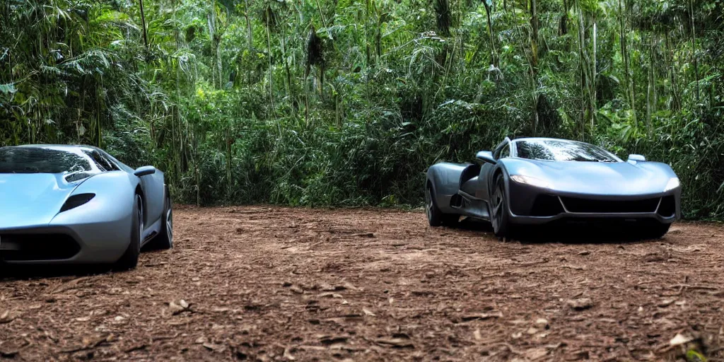 Image similar to a real photograph of a supercar running in the Amazon forest