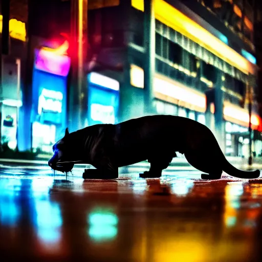 Prompt: a high quality low wide angle photo of a panther on the streets of a cyberpunk city, rainy, reflective ground, neon lights, realism, 8k