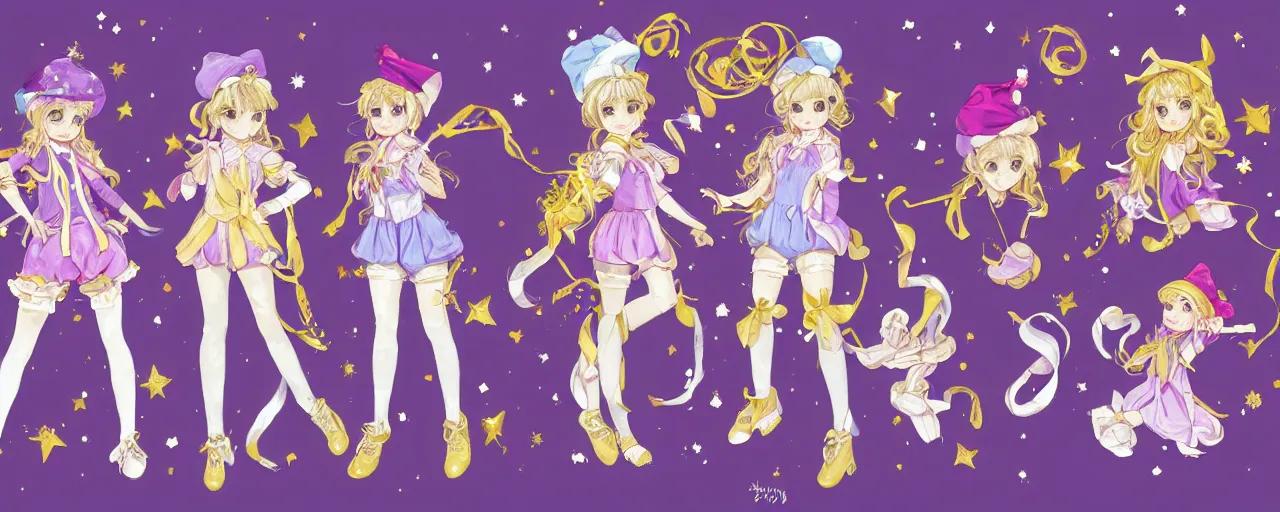 Prompt: A character sheet of full body cute magical girls with short blond hair wearing an oversized purple Beret, Purple overall shorts, Short Puffy pants made of silk, pointy jester shoes, a big billowy scarf, Golden Ribbon, and white leggings. Rainbow accessories all over. Gold Ribbon. Flowing fabric. Covered in stars. Short Hair. Art by william-adolphe bouguereau and Paul Delaroche and Alexandre Cabanel and Lawrence Alma-Tadema and WLOP and Artgerm. baroque painting. Fashion Photography. Decora Fashion. harajuku street fashion. Kawaii Design. Intricate, elegant, Highly Detailed. Smooth, Sharp Focus, Illustration Photo real. realistic. Hyper Realistic. Sunlit. Moonlight. Dreamlike. Surrounded by clouds. Haute Couture. Baby the stars shine bright dress. 4K. UHD. Denoise.